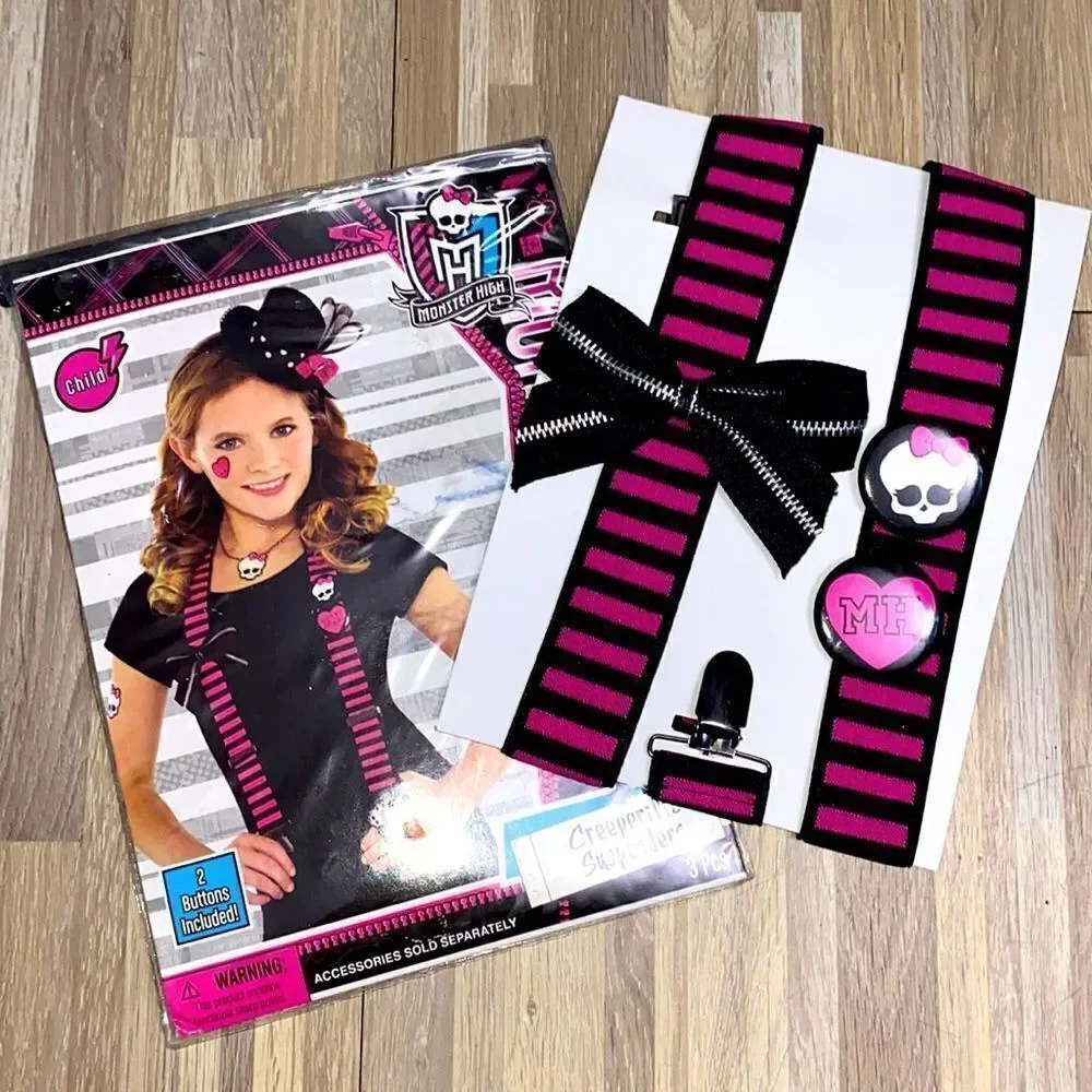 Monster High doll Pink Black Skulls suspenders dress up punk goth cosplay Nwt